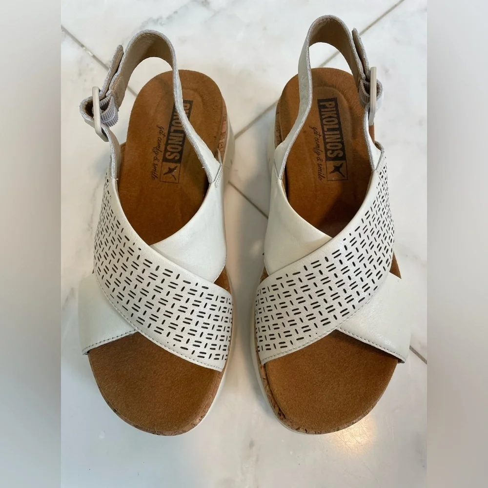 Pikolinos, women’s 5.5-6 euro 36, cream and tan leather platform summer sandals - Picture 2 of 9